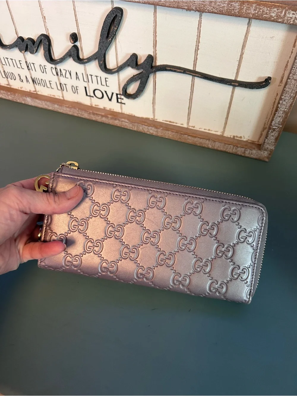 Gucci Metallic Purple Embossed GG Zip Wallet